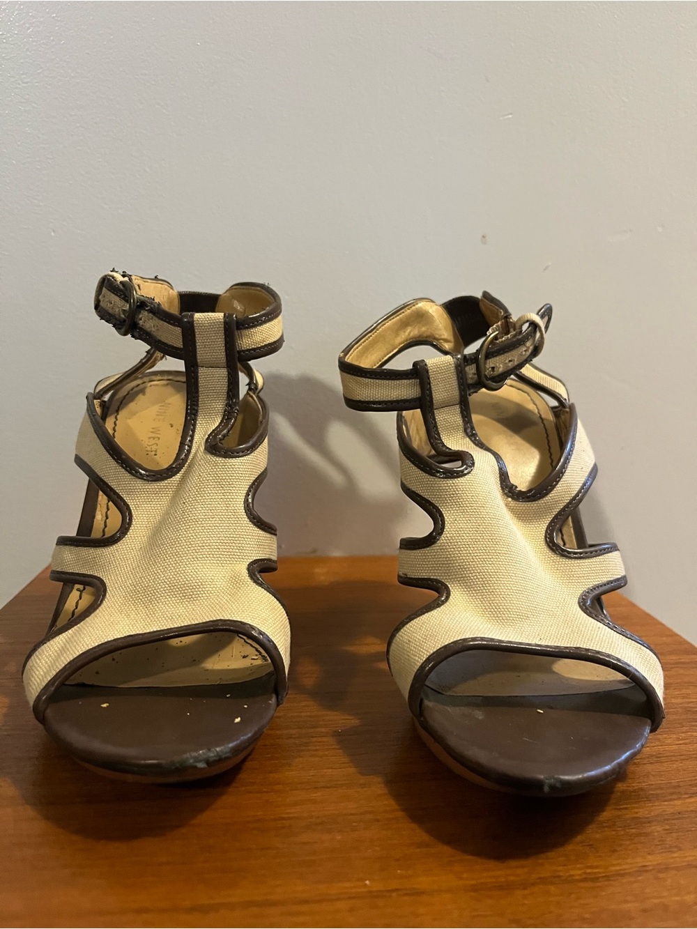 Nine West Cream and Brown Strappy Ankle-Strap Sandals